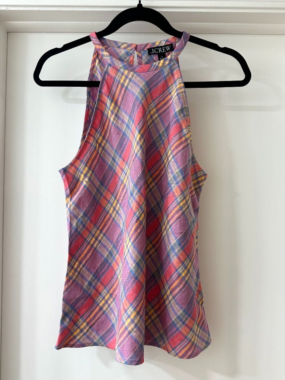 J. Crew Pink Rainbow Plaid Linen High Neck Halter Top, Size Small, NWT